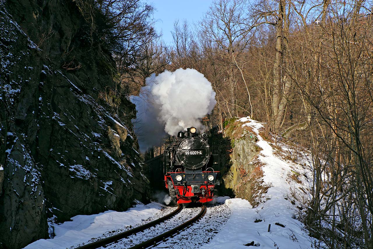 99 6001 mit dem P 8967 am 31. Januar 2011 im Selketal zwischen Mägdesprung und Drahtzug