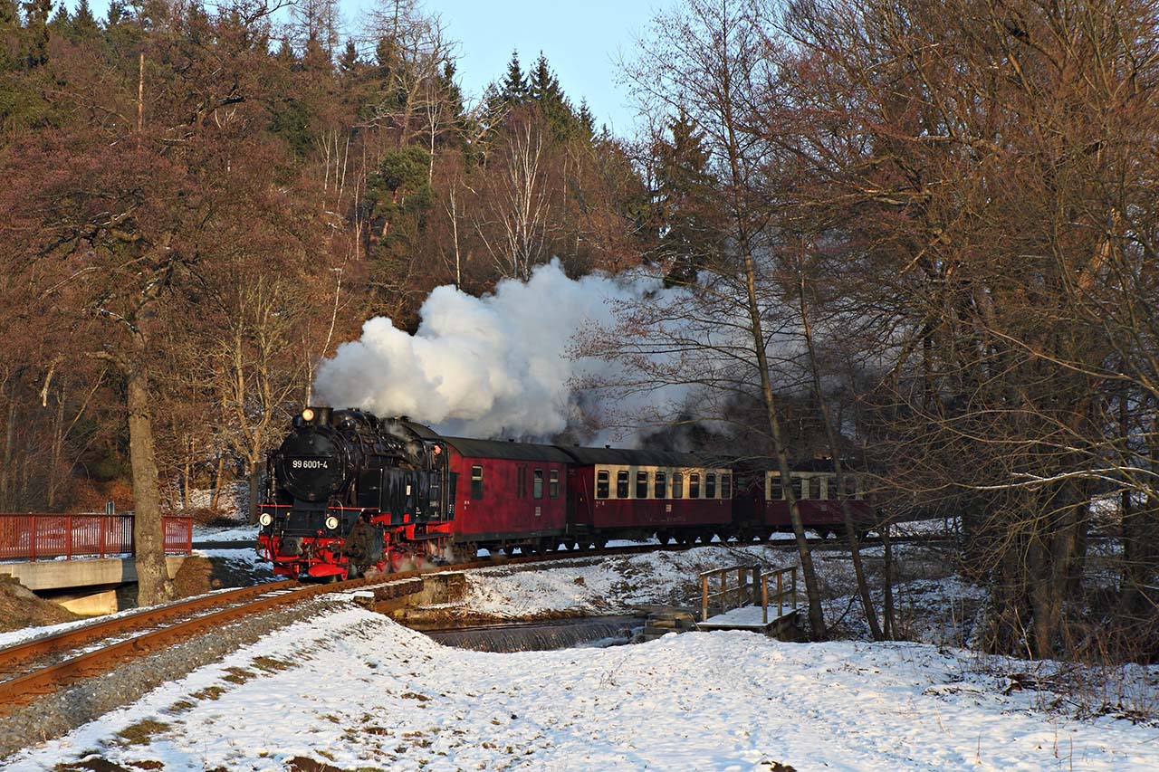 99 6001 mit dem P 8967 am 31. Januar 2011 im Selketal bei Rinkemühle